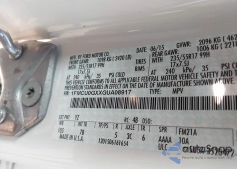 2016 Ford Escape Se z USA, uszkodzony, nr VIN 1FMCU0GXXGUA08917